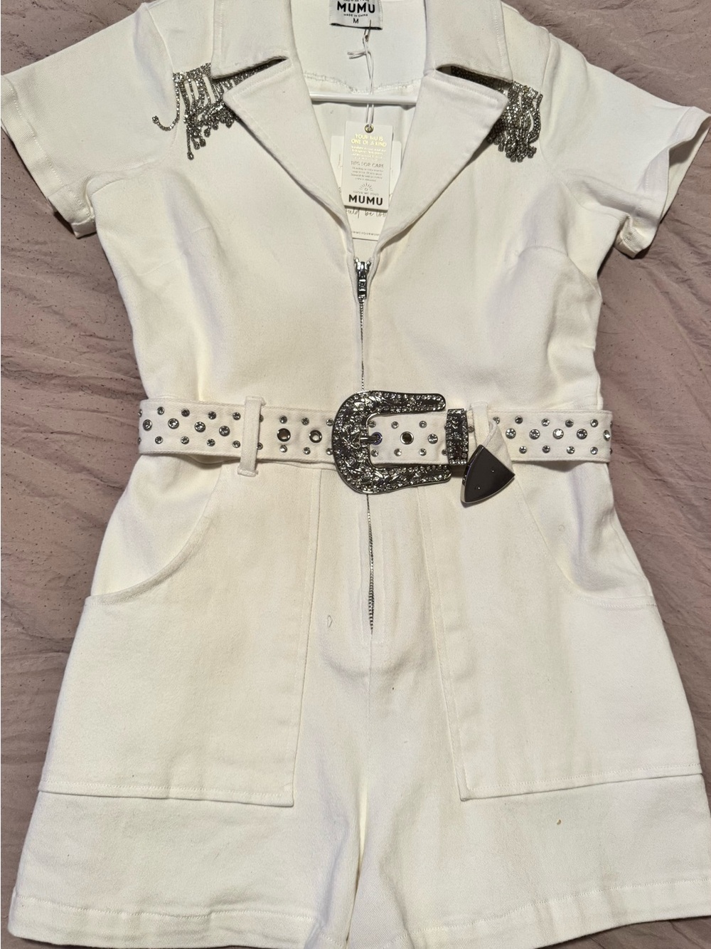 Show Me Your MuMu White Short Sleeve Studded Romper with Western Buckle
